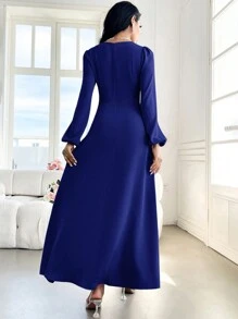 Modelyn 女士 V 领灯笼袖仿珍珠装饰超长优雅朴素长袖阿巴亚长款晚礼服 - 寶藍色 - 查看 2