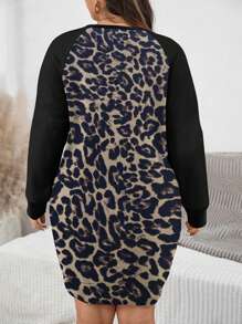 SHEIN LUNE Casual Minimalist Leopard Print Raglan Sleeve Crew Neck Plus Size Sweatshirt, Suitable For Autumn And Winter