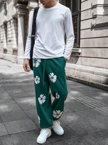 Manfinity VCAY Men's Floral Print Elastic Waist Loose Straight Leg Track Pants, Casual And Fashionable Graphic Jogging Pants Casual Urban Sweatpants, For Husband, Boyfriend Gifts - Dark Green - View 5