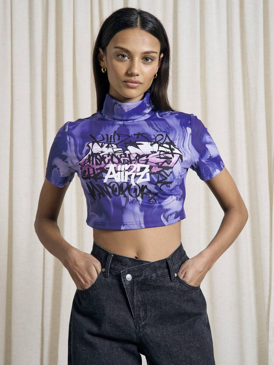 AiiRZ Rolled High Neck Graphic Crop T-Shirt - Purple - View 1