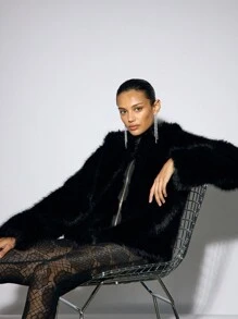 AiiRZ Luxury Faux Fur Winter Hooded Zip Jacket Elegant Holiday Party Evening Outerwear Glamour Statement Long Sleeve Special Occasion Coat - Black - View 6