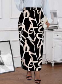 EMERY ROSE Plus Size Vrouwen Elegante All-Over Bedrukte Rechte Lange Rok, Winter Dameskleding