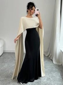 Elenzga 2-In-1 Splice Poncho & Beaded Accent Splice Dress Maxi Women Outfit - Multicolor - View 4