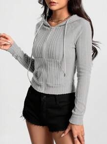 SHEIN Unity Slant Shoulder Zipper Front Hoodie With Drawstring,Long Sleeve Tops Graduation,Back To School Outfits,Graduation,Teacher Outfits For Women,Back To School Pullover Fall Outfit - Light Grey - View 6