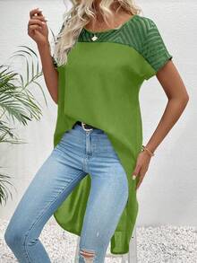 SHEIN LUNE 网眼撞色圆领高低休闲短袖衬衫 - 綠色 - 查看 6