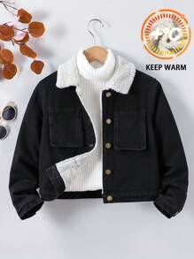 SHEIN Tween 女童纯色水洗羊毛内衬翻领牛仔外套，长袖保暖休闲牛仔夹克，儿童冬季返校服装