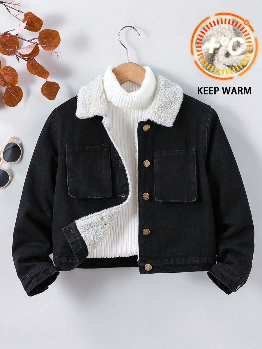 SHEIN Tween 女童纯色水洗羊毛内衬翻领牛仔外套，长袖保暖休闲牛仔夹克，儿童冬季返校服装
