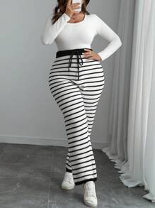 Franclia Plus Size Knitted High Waist Striped Colorblock Casual Commuter Women Sweater Pants