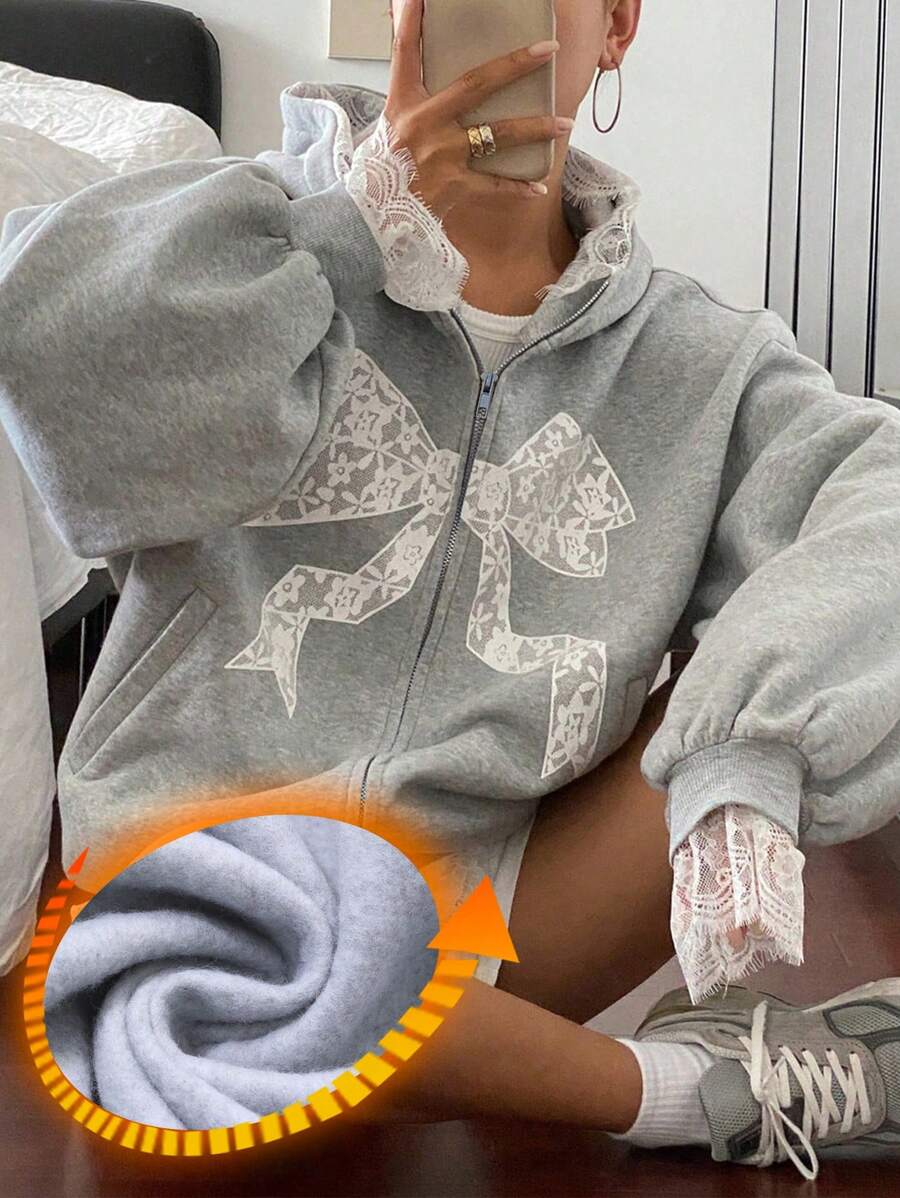 DAZY 女士蝴蝶结蕾丝印花宽松毛绒连帽卫衣，秋冬季保暖拉链外套 - 灰色 - 查看 1