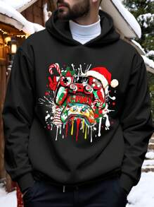 Manfinity Homme Fashion Casual Christmas Element Gamepad Graphic Hoodie For Men, Slim Fit, Black, Thermal Lined