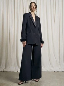 AiiRZ Feather Cuff Blazer & Trouser Suit - Black - View 1
