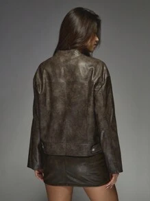 MISSGUIDED 优质做旧皮革机车夹克拉链前秋冬外套双拉链口袋军装作战风格 - 摩卡棕 - 查看 2