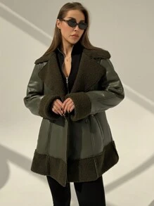 Aloruh Elegant Green Fluffy Collar &  Lining Ski Jacket With Double Breasted, Long Sleeve, Suitable For Outdoor Activities,Fall And Winter,Long Sleeve - Army Green - View 4