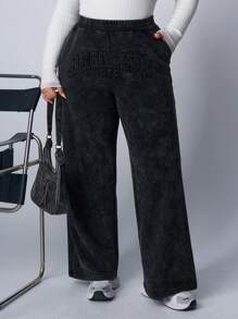 SHEIN EZwear 大码黑色水洗宽松字母运动裤 - 黑色 - 查看 1