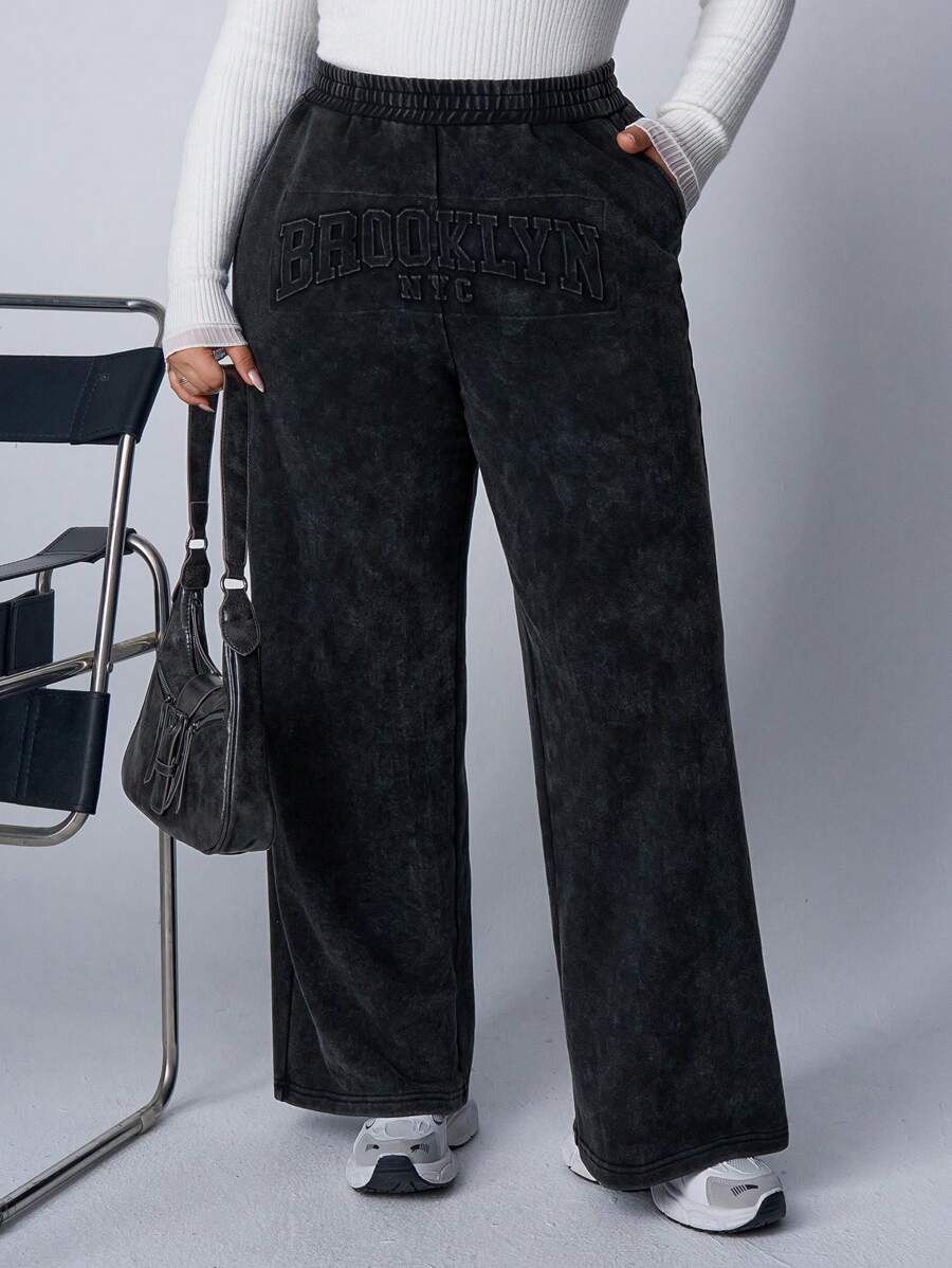 SHEIN EZwear 大码黑色水洗宽松字母运动裤 - 黑色 - 查看 1