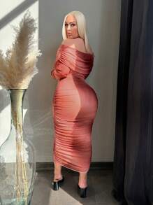 SHEIN SXY 大码女式渐变网眼高领露肩长袖连衣裙 - 彩色 - 查看 2