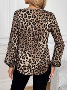 SHEIN LUNE V-Neck Lantern Sleeve Vintage Leopard Print Casual Commuter Elegant Blouse For Women, Autumn/Winter