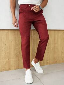 Manfinity Homme Men's Red Linen Texture Suit Pants, Suitable For Christmas Parties And Everyday Wear - Burgundy - View 3