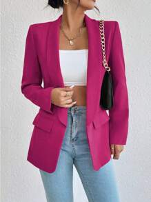 EMERY ROSE 女士纯色披肩领长袖仿口袋简约西装外套