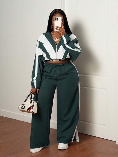 Slaydiva 2pcs Plus Size Casual Sports Long Sleeve Cropped Top And Pants Set, Green With White, Autumn/Winter