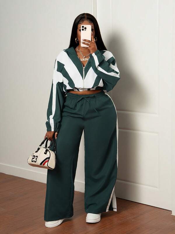 Slaydiva 2pcs Plus Size Casual Sports Long Sleeve Cropped Top And Pants Set, Green With White, Autumn/Winter
