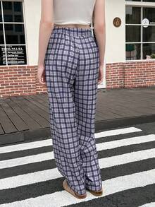 SHEIN EZwear Women's Fall Loose Fit Regular Length Plaid Pants, Autumn - Blue - View 3