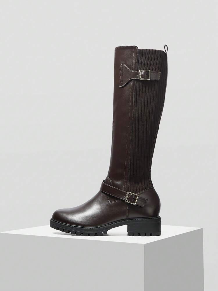 FASHIONABLE COMMUTE MINIMALIST ALL-MATCH COMFORTABLE VERSATILE COFFEE COLOR PATCHWORK THICK SOLE OVER-THE-KNEE BOOTS FOR CHRISTMAS AND NEW YEAR HOLIDAY VIBE FALL AND WINTER
