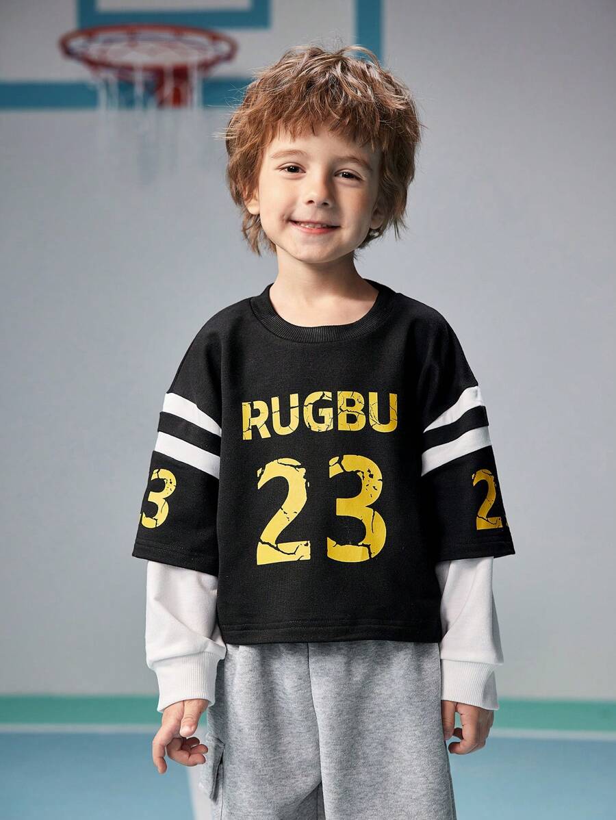 SHEIN Young Boys' Basketball Sports Style Football Graphic Round Neck Long Sleeve Sweatshirt, Street Fashion Athletic - Black - View 1