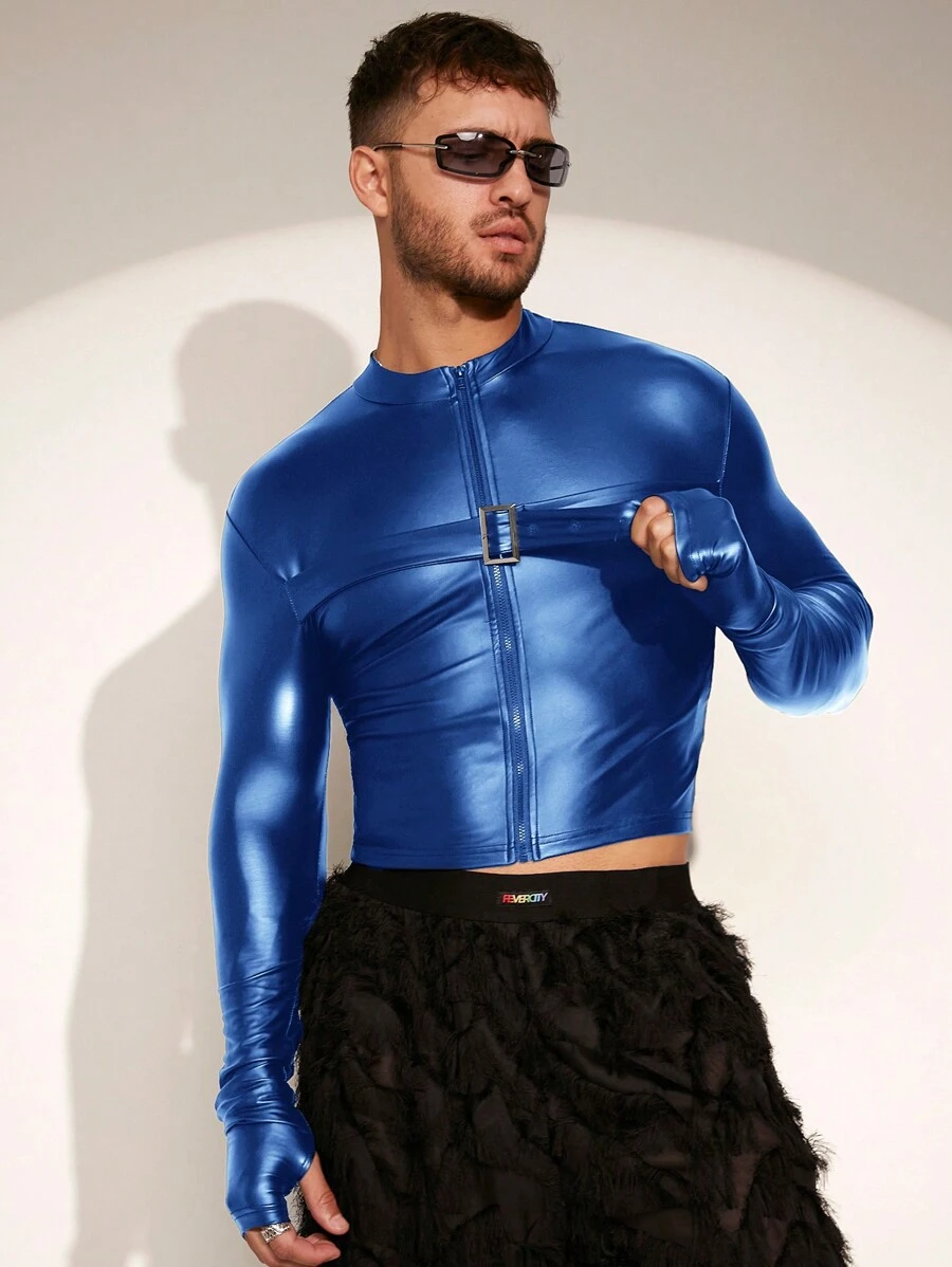 FeverCity Men's Fashion Street Style Slim Fit Snap Button Detail Zip Front Jacket, Autumn, For Fall Winter - Royal Blue - View 1