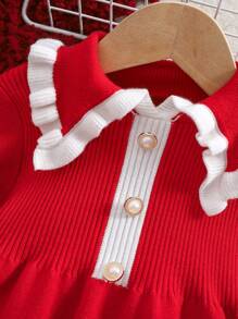 SHEIN Robe-pull bébé fille mignonne avec col claudine à manches longues, style blocs de couleurs rouge et blanc. Convient pour les fêtes de Noël en extérieur, et élégante - Rouge - Voir 4