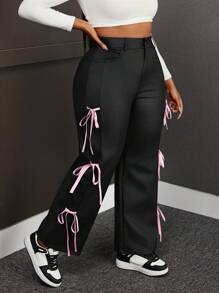 Plus Size Women Straight Leg Pants With Elastic Coating & Pink Bowknot Decoration Fall Cloth For Women - Black - View 6