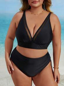 Plus Size V-Neck Solid Color Mesh Splice Tankini Bikini Set Set, Summer Beach