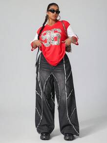 SHEIN ICON Plus Size Casual Frayed Edge Loose Fit Denim Jeans With Pockets - Grey - View 3