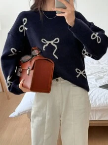 DAZY 女士休闲圆领宽松蝴蝶结针织毛衣，秋冬，秋季女装 - 藏蓝色 - 查看 5