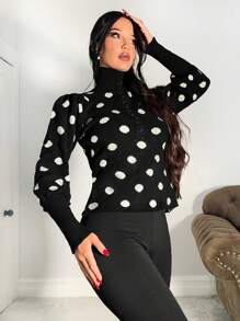 Zolique Women Polka Dot Button Turtleneck Long Sleeve Knit Sweater Top, Fitted Design For Elegant Gatherings, Suitable For Autumn/Winter Knit Pullover Fall - Black and White - View 6