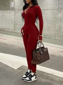 1pc Casual Solid Color Zipper Skinny Jumpsuit Pants, Autumn