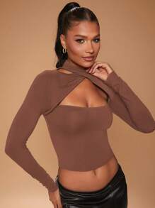SHEIN Unity Top de manga larga con cruce en el cuello y aberturas, de jersey marrón para otoño