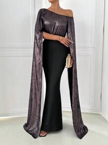 SHEIN Clasi 女士优雅不对称领大袖修身连衣裙，适合派对穿着 - 彩色 - 查看 1