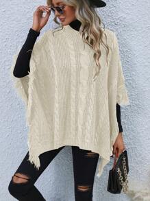SHEIN LUNE Women Casual Street Style Solid Color Fringe Trim Batwing Cable Knit Pullover Sweater Knit Pullover Fall Winter - Apricot - View 6