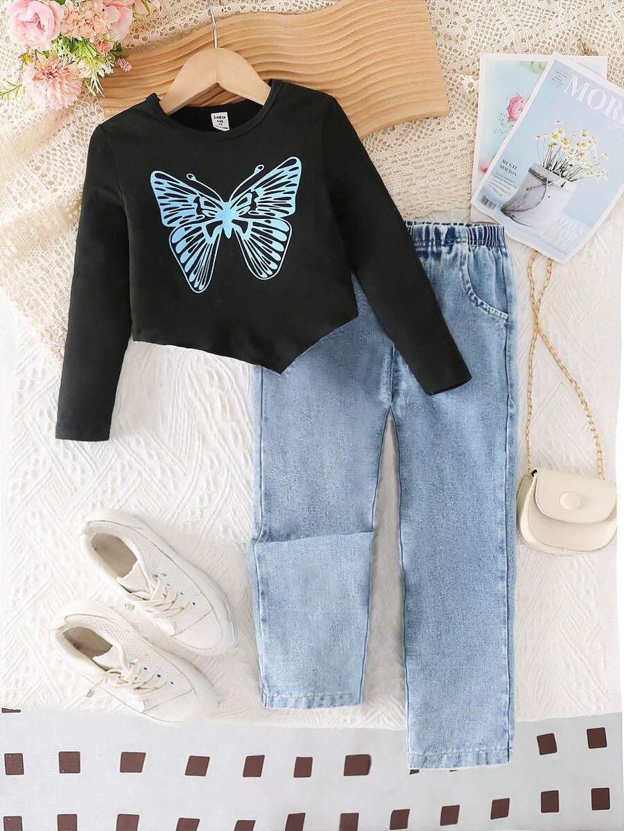 2 件套女孩休闲街头风格圆领不对称下摆蝴蝶印花 T 恤和松紧腰直筒牛仔裤，春秋