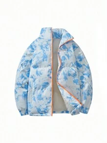 Manfinity Sport Corelite Boyfriend Style Men's Front Zip Long Sleeve Pocket Casual Jacket, Everyday Wear Puffer Jacket - Blue and White - View 1