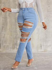 SHEIN SXY Jeans de talla grande de mezclilla sin estiramiento con agujeros sexy rasgados, decoración brillante y cintura elástica - Lavado ligero - Ver 3