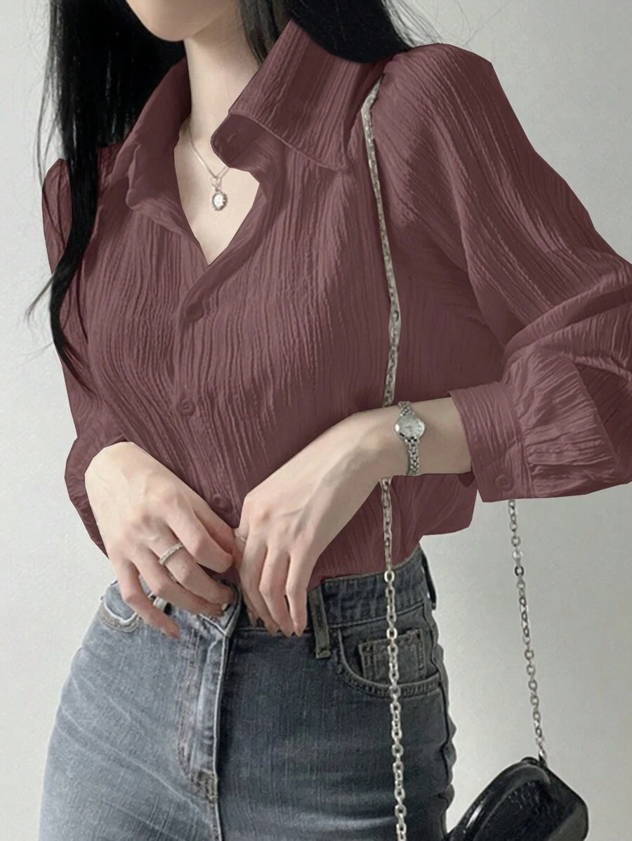 DAZY Blusa suelta con cuello vuelto y volantes de unicolor para mujer, rojo navideño, para primavera/verano/otoño, ropa de mujer de manga larga - Rosa Fucsia - Ver 1