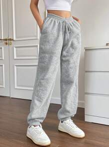 Flirla Solid Drawstring Waist Slant Pocket Sweatpants Fall Cloth For Women - Grey - View 5