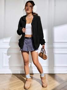SHEIN EZwear Của phụ nữ Phim hoạt hình thêu Sang trọng áo có mũ Áo khoác - màu đen - Xem 6