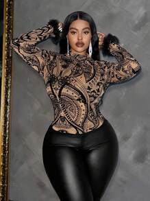 Slaydiva 性感优雅大码女式羽毛拼布植绒网眼修身长袖上衣 - 黑色 - 查看 3