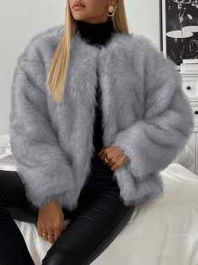 Chiquease Autumn/Winter Fashionable Fluffy Jacket (Artificial Fur) - Grey - View 5