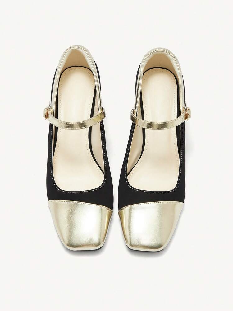 CUCCOO CHICEST 1pair Women Metal Block Heel Color Matching Mary Jane High Heel Pumps Valentine Day