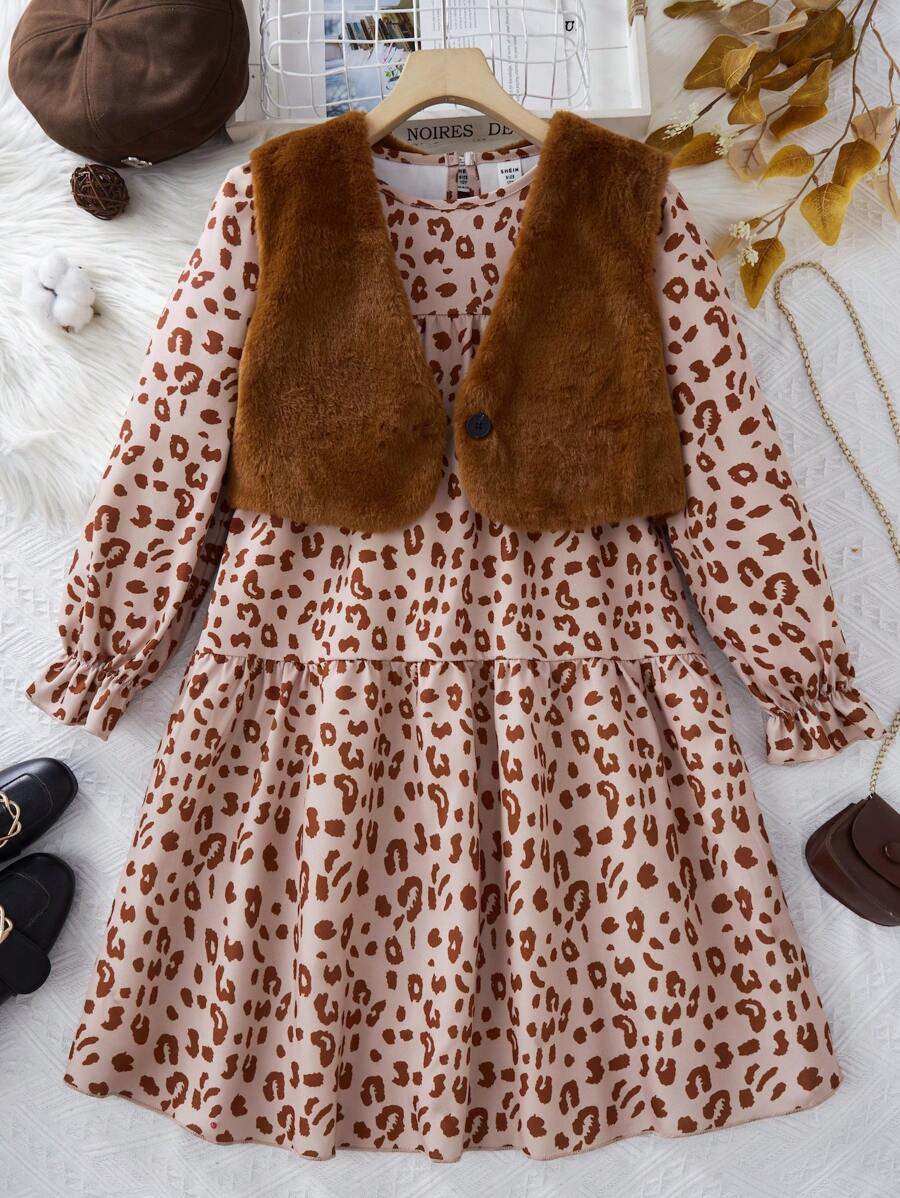 2pcs/Set Tween Girls Plain Front Button Sleeveless Vest & Crew Neck Long Sleeve Dress Set