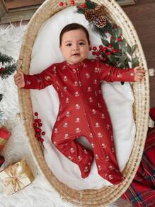 Cozy Pixies Bộ đồ ngủ liền thân dài tay cổ tròn dệt kim mềm mại họa tiết Giáng sinh cho bé gái - Đỏ - Xem 4